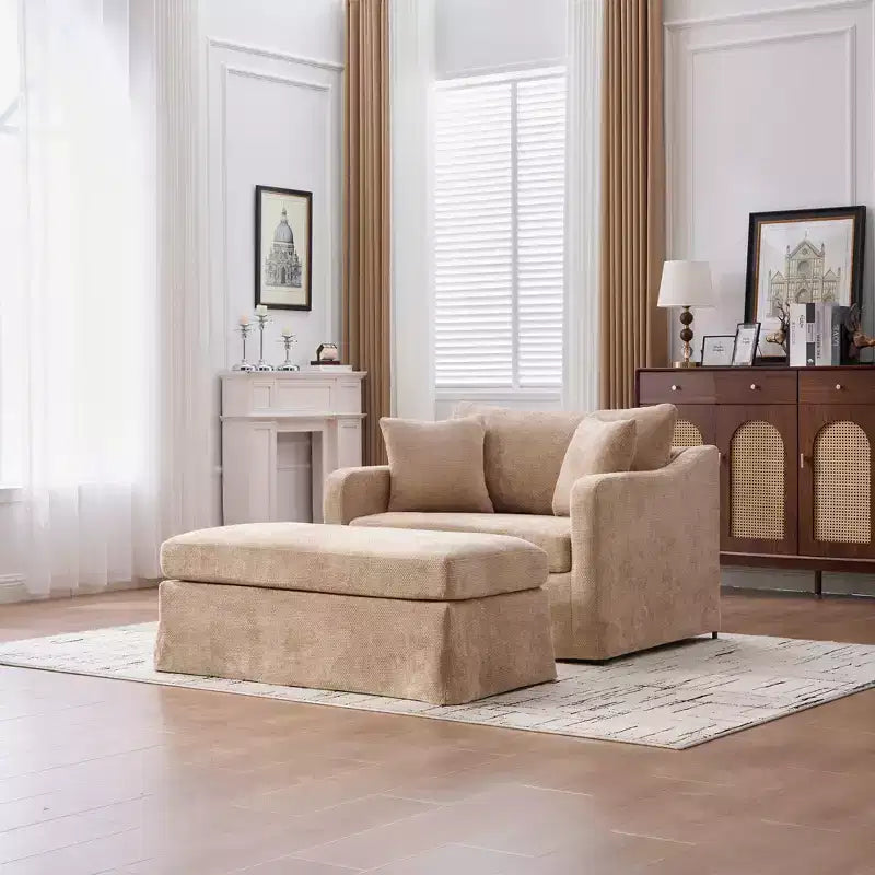 Upholstered Accent Chair Cushioned Single Sofa Chair Leisure Chair with Ottoman&Pillows, Chenille - ModernLuxe