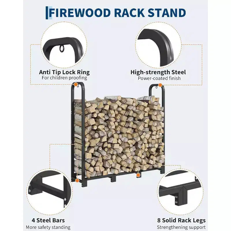 Coolmee Firewood Rack Stand 4ft, Steel Log Holder, Wood Pile Storage Organizer, Adjustable Lumber Storage Stacker for Fireplace Fire Pit, Heavy Duty