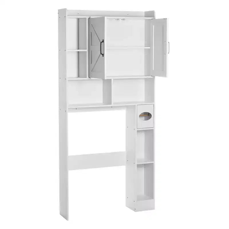Over The Toilet Storage Cabinet 66 Inch Bathroom Organizer with Double Door Adjustable Shelf and Open Display Space White Freestanding