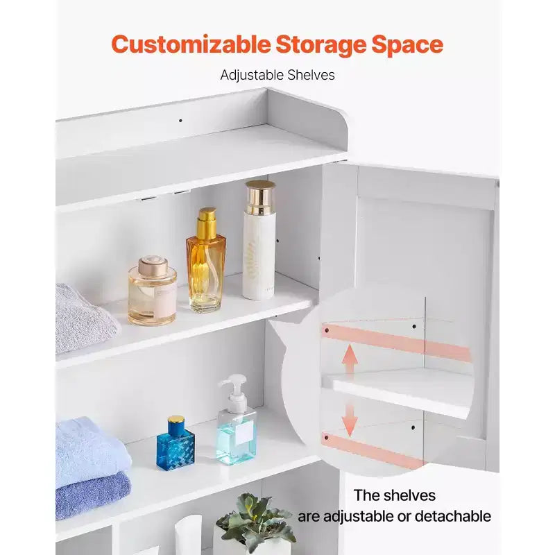 Over The Toilet Storage Cabinet 66 Inch Bathroom Organizer with Double Door Adjustable Shelf and Open Display Space White Freestanding