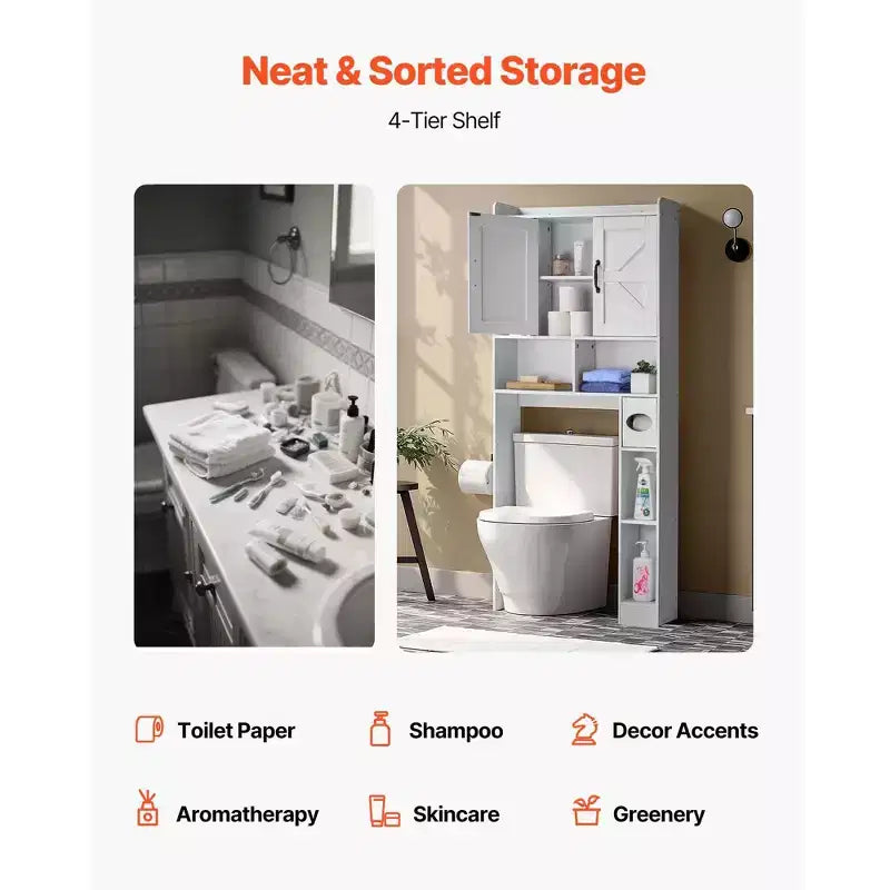 Over The Toilet Storage Cabinet 66 Inch Bathroom Organizer with Double Door Adjustable Shelf and Open Display Space White Freestanding