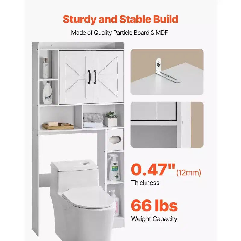 Over The Toilet Storage Cabinet 66 Inch Bathroom Organizer with Double Door Adjustable Shelf and Open Display Space White Freestanding