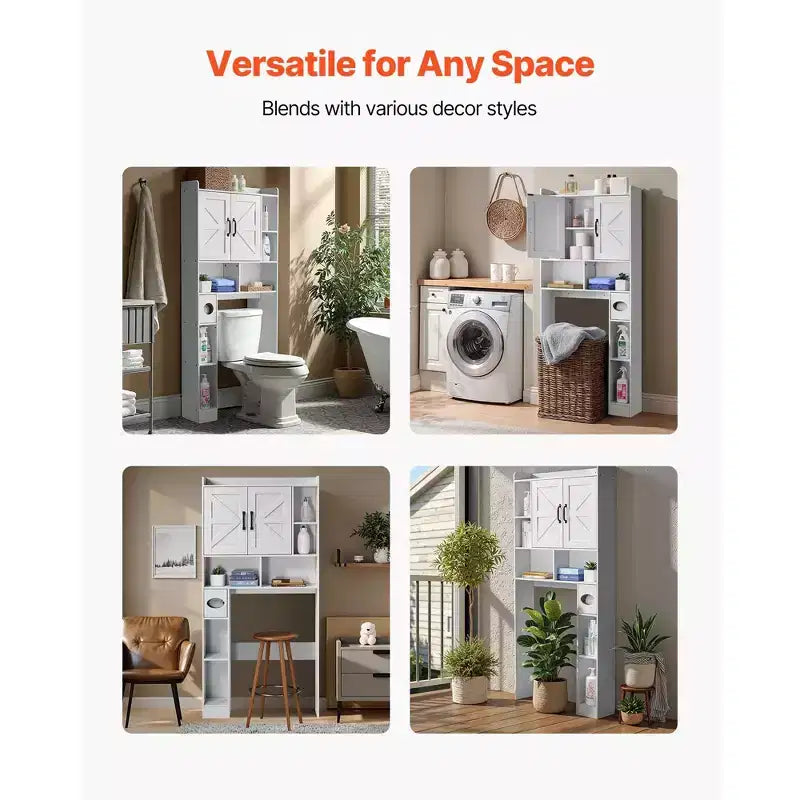 Over The Toilet Storage Cabinet 66 Inch Bathroom Organizer with Double Door Adjustable Shelf and Open Display Space White Freestanding