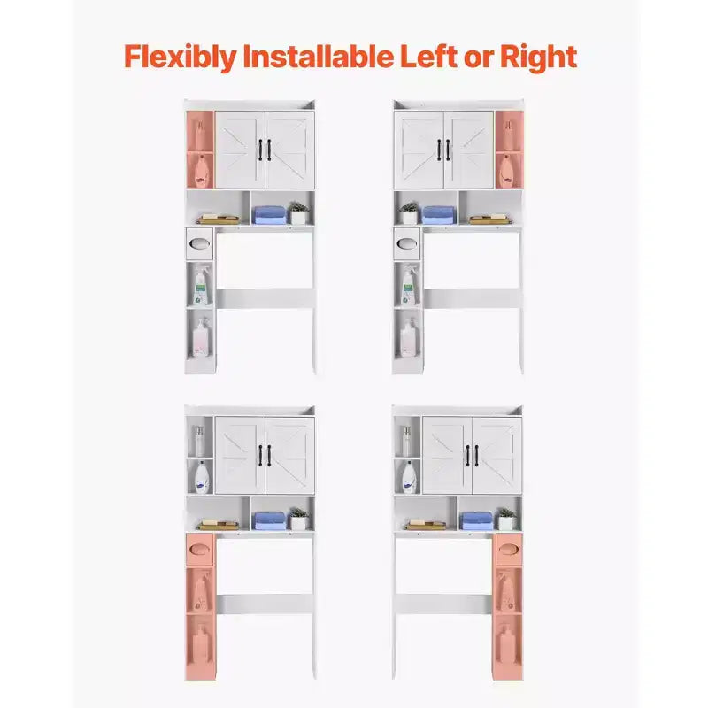 Over The Toilet Storage Cabinet 66 Inch Bathroom Organizer with Double Door Adjustable Shelf and Open Display Space White Freestanding