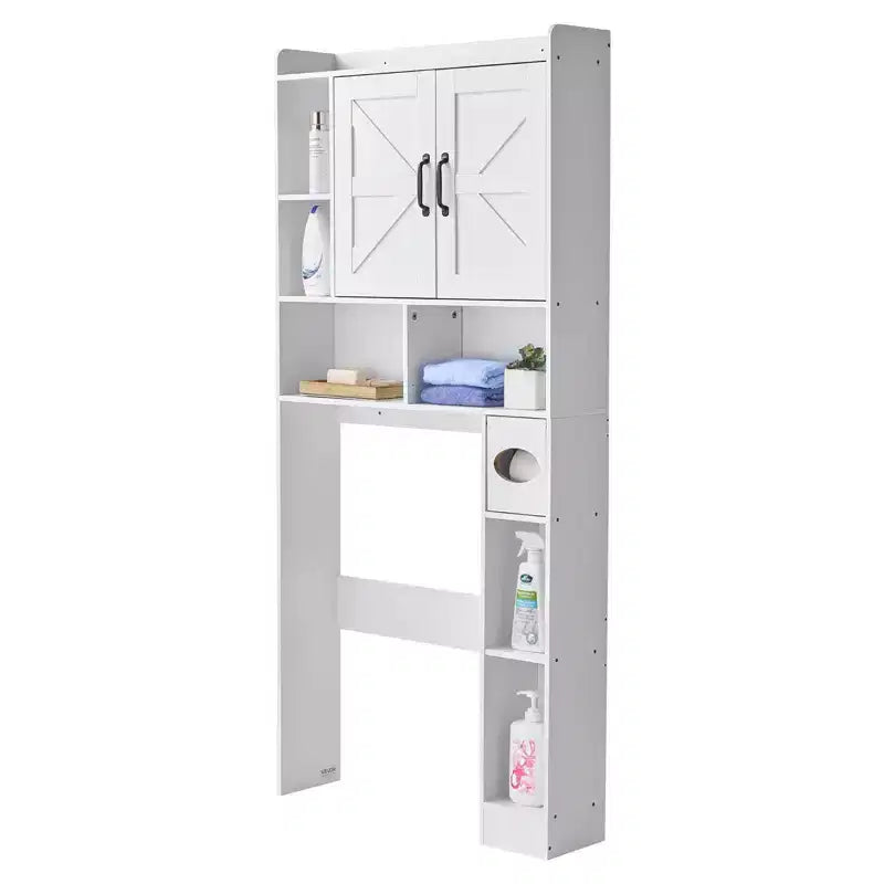 Over The Toilet Storage Cabinet 66 Inch Bathroom Organizer with Double Door Adjustable Shelf and Open Display Space White Freestanding