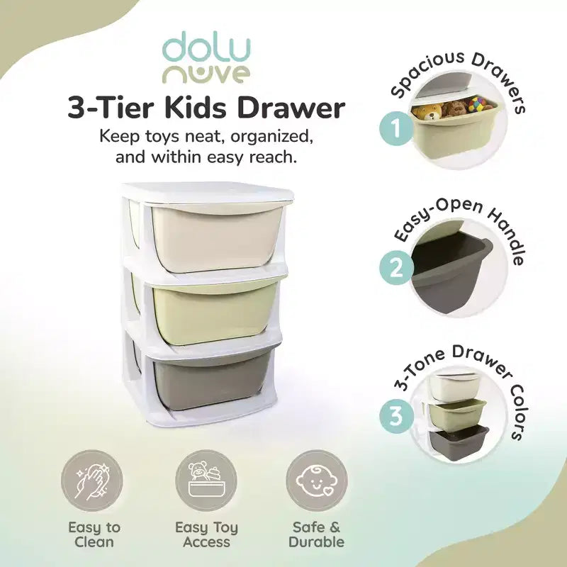 Dolu Nuve Kids 3-Tier Storage Unit with Drawers Plastic Organizer for Toys