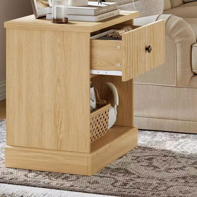 Dresser, Nightstand  Fluted 1-Drawer Bedside Table, Farmhouse End Cabinet with Storage for Bedroom, Living Room