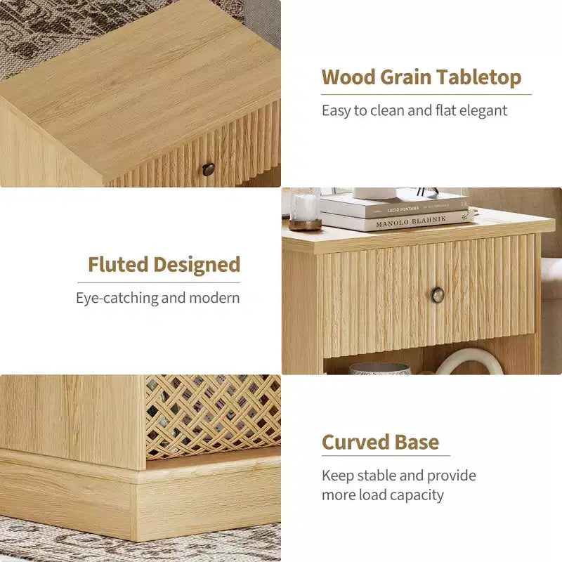 Dresser, Nightstand  Fluted 1-Drawer Bedside Table, Farmhouse End Cabinet with Storage for Bedroom, Living Room