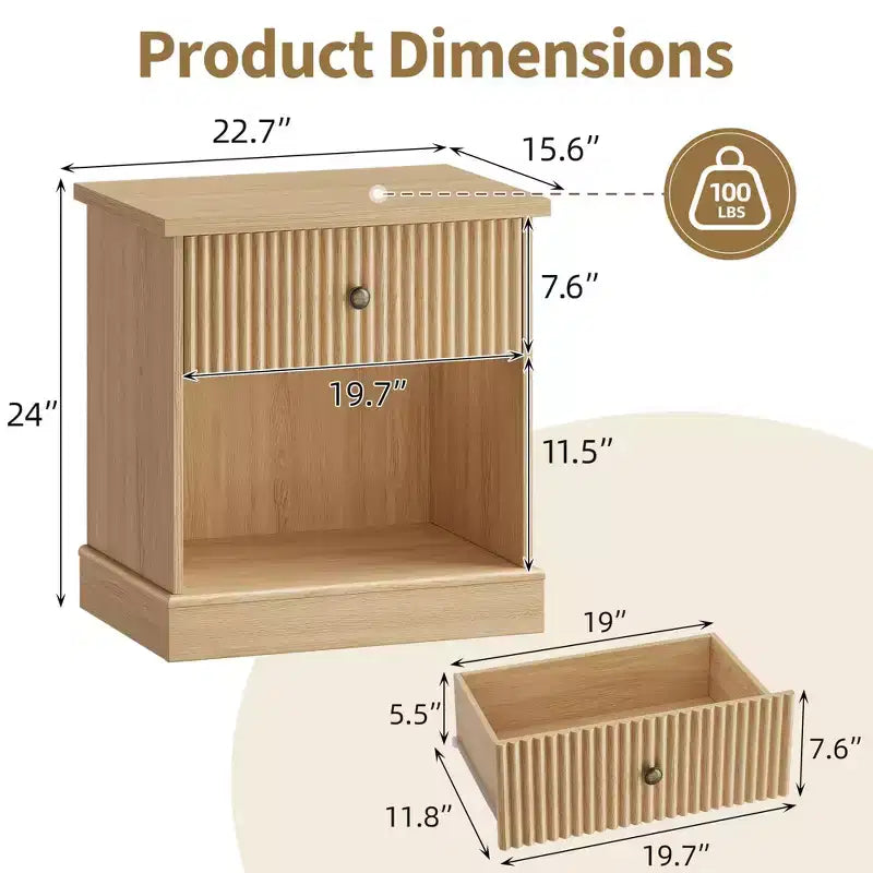 Dresser, Nightstand  Fluted 1-Drawer Bedside Table, Farmhouse End Cabinet with Storage for Bedroom, Living Room