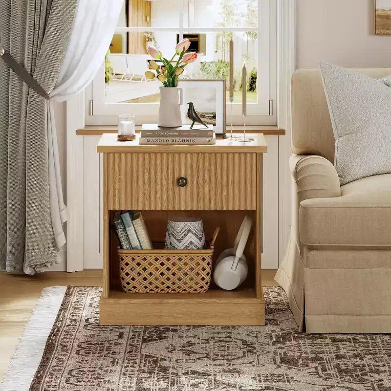 Dresser, Nightstand  Fluted 1-Drawer Bedside Table, Farmhouse End Cabinet with Storage for Bedroom, Living Room