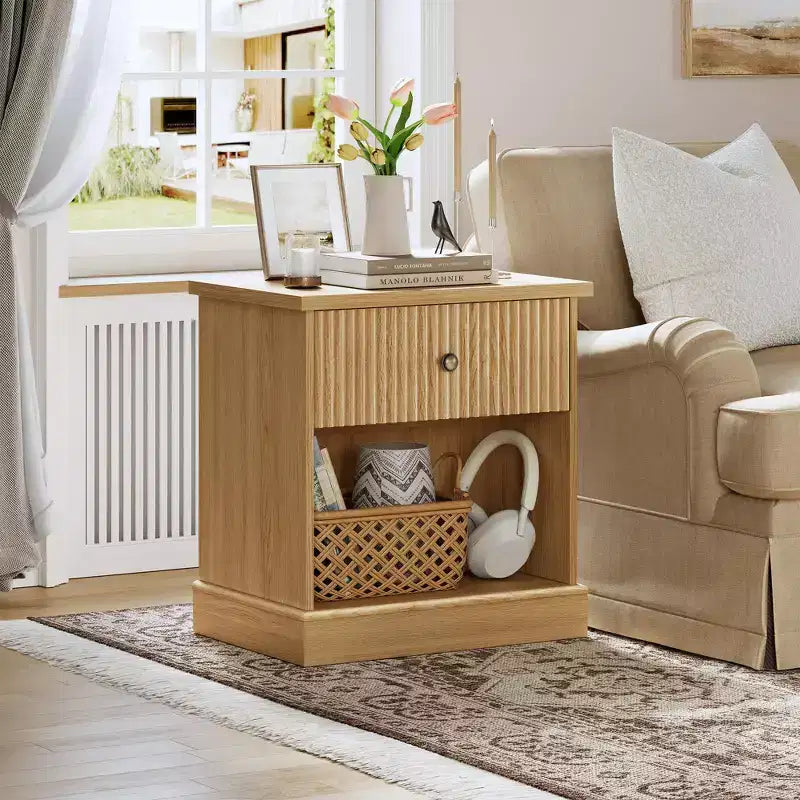 Dresser, Nightstand  Fluted 1-Drawer Bedside Table, Farmhouse End Cabinet with Storage for Bedroom, Living Room
