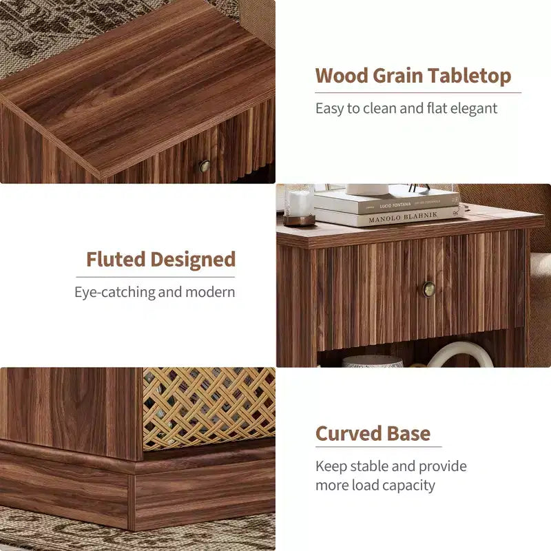 Dresser, Nightstand  Fluted 1-Drawer Bedside Table, Farmhouse End Cabinet with Storage for Bedroom, Living Room