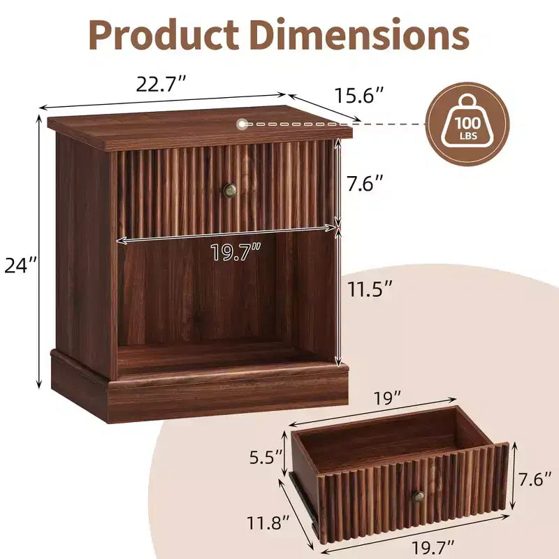 Dresser, Nightstand  Fluted 1-Drawer Bedside Table, Farmhouse End Cabinet with Storage for Bedroom, Living Room