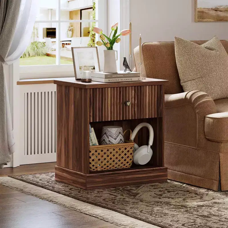 Dresser, Nightstand  Fluted 1-Drawer Bedside Table, Farmhouse End Cabinet with Storage for Bedroom, Living Room