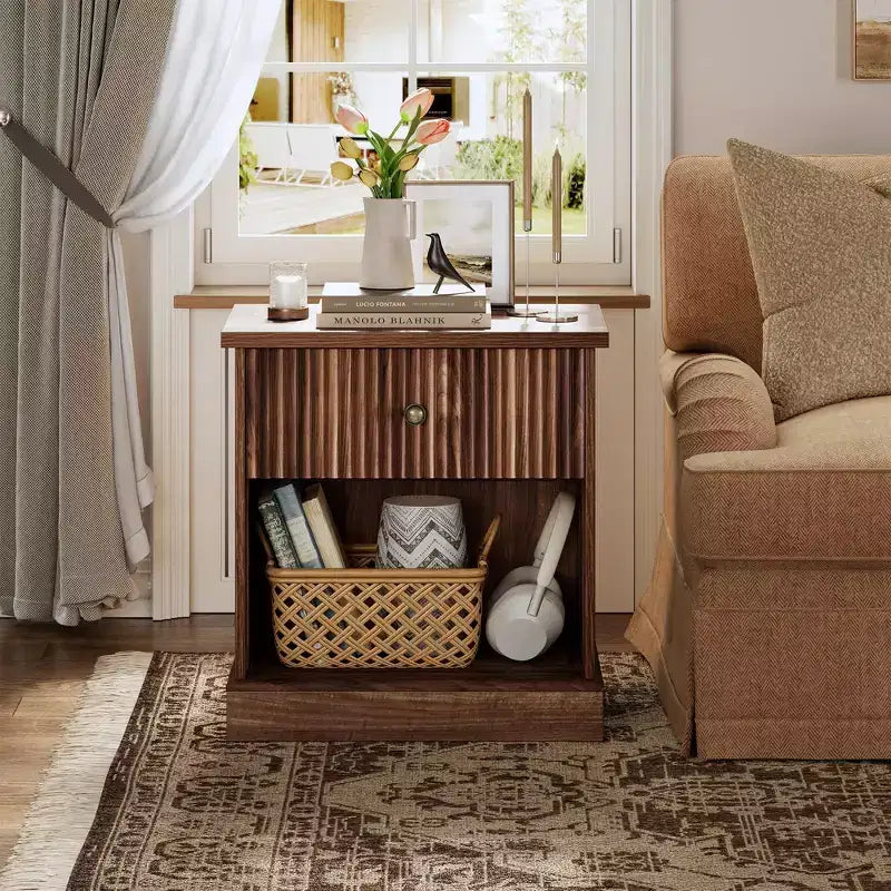 Dresser, Nightstand  Fluted 1-Drawer Bedside Table, Farmhouse End Cabinet with Storage for Bedroom, Living Room