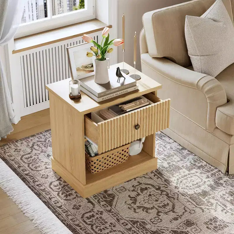 Dresser, Nightstand  Fluted 1-Drawer Bedside Table, Farmhouse End Cabinet with Storage for Bedroom, Living Room