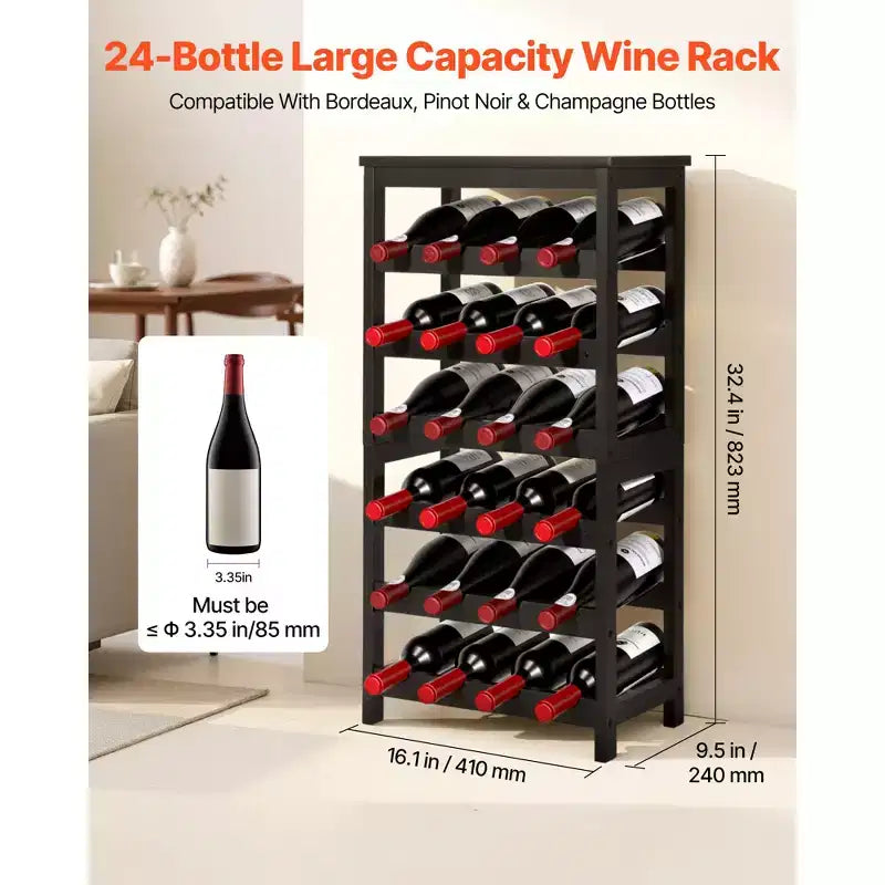 VEVOR 24 Bottle Detachable Wine Rack, 6-Tier Wine Bottle Holder,Solid Bamboo Wood Freestanding Floor Display Wine Storage Shelves, Black