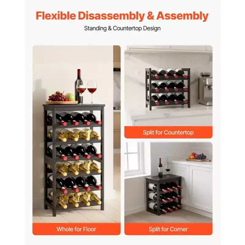 VEVOR 24 Bottle Detachable Wine Rack, 6-Tier Wine Bottle Holder,Solid Bamboo Wood Freestanding Floor Display Wine Storage Shelves, Black