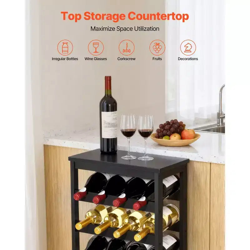 VEVOR 24 Bottle Detachable Wine Rack, 6-Tier Wine Bottle Holder,Solid Bamboo Wood Freestanding Floor Display Wine Storage Shelves, Black