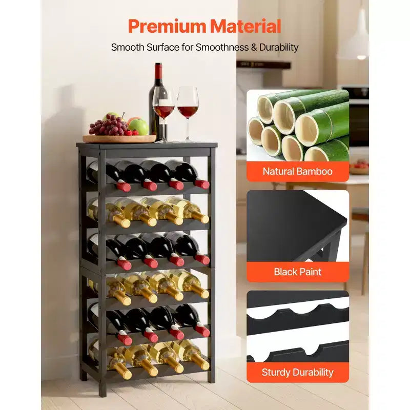 VEVOR 24 Bottle Detachable Wine Rack, 6-Tier Wine Bottle Holder,Solid Bamboo Wood Freestanding Floor Display Wine Storage Shelves, Black
