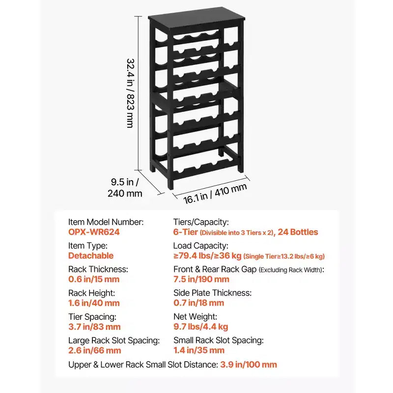 VEVOR 24 Bottle Detachable Wine Rack, 6-Tier Wine Bottle Holder,Solid Bamboo Wood Freestanding Floor Display Wine Storage Shelves, Black