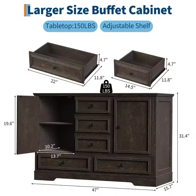 Sideboard Buffet Cabinet with 5 Drawers, 2 Doors, 47 Kitchen Storage Cabinet, Coffee Bar Cabinet with Adjustable Shelves for Dining Room Living Room