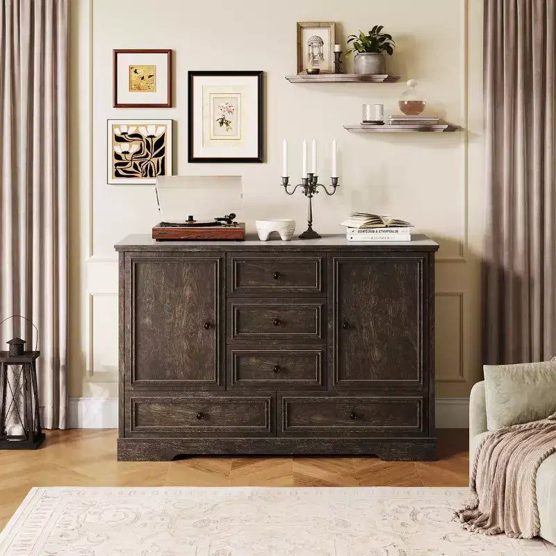 Sideboard Buffet Cabinet with 5 Drawers, 2 Doors, 47 Kitchen Storage Cabinet, Coffee Bar Cabinet with Adjustable Shelves for Dining Room Living Room