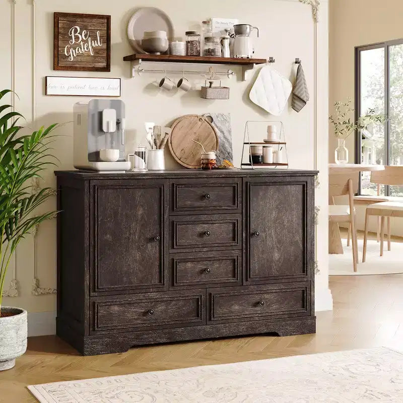 Sideboard Buffet Cabinet with 5 Drawers, 2 Doors, 47 Kitchen Storage Cabinet, Coffee Bar Cabinet with Adjustable Shelves for Dining Room Living Room