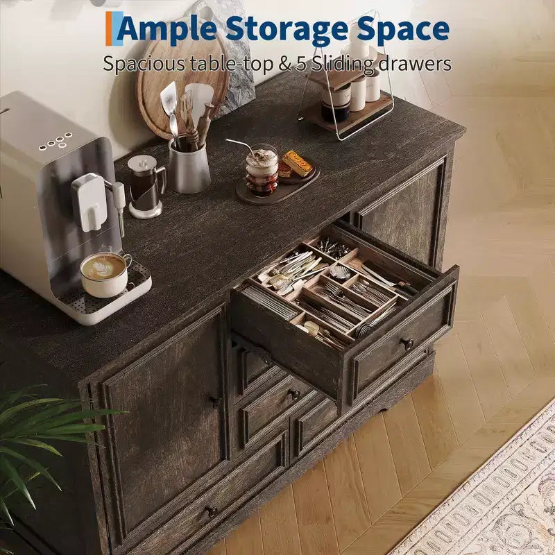 Sideboard Buffet Cabinet with 5 Drawers, 2 Doors, 47 Kitchen Storage Cabinet, Coffee Bar Cabinet with Adjustable Shelves for Dining Room Living Room