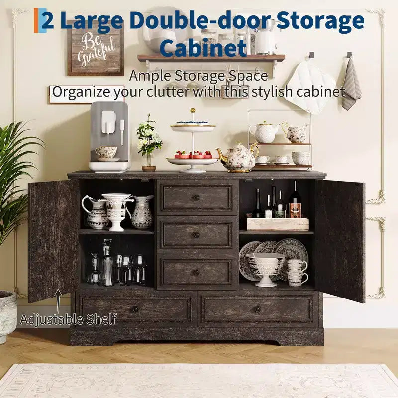 Sideboard Buffet Cabinet with 5 Drawers, 2 Doors, 47 Kitchen Storage Cabinet, Coffee Bar Cabinet with Adjustable Shelves for Dining Room Living Room