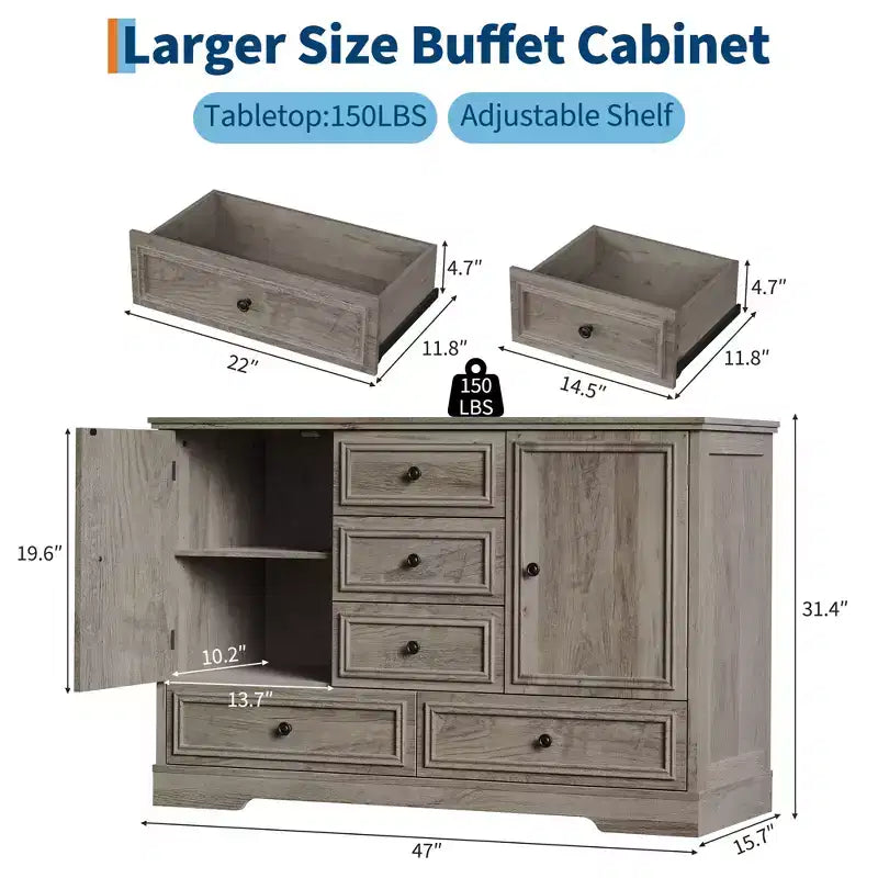 Sideboard Buffet Cabinet with 5 Drawers, 2 Doors, 47 Kitchen Storage Cabinet, Coffee Bar Cabinet with Adjustable Shelves for Dining Room Living Room