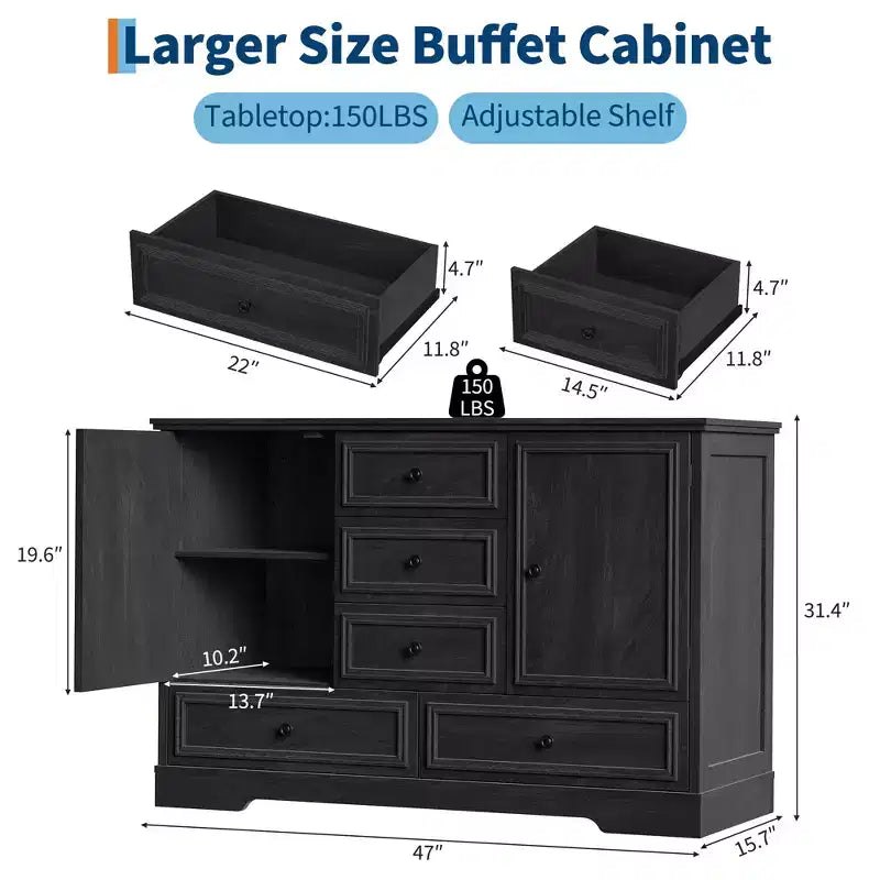 Sideboard Buffet Cabinet with 5 Drawers, 2 Doors, 47 Kitchen Storage Cabinet, Coffee Bar Cabinet with Adjustable Shelves for Dining Room Living Room
