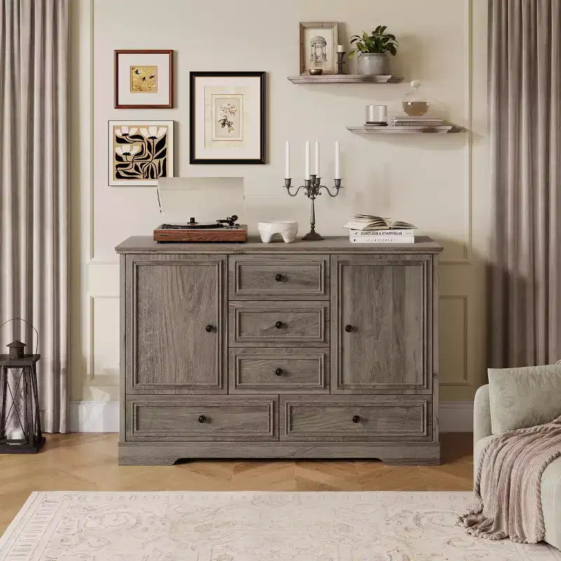 Sideboard Buffet Cabinet with 5 Drawers, 2 Doors, 47 Kitchen Storage Cabinet, Coffee Bar Cabinet with Adjustable Shelves for Dining Room Living Room
