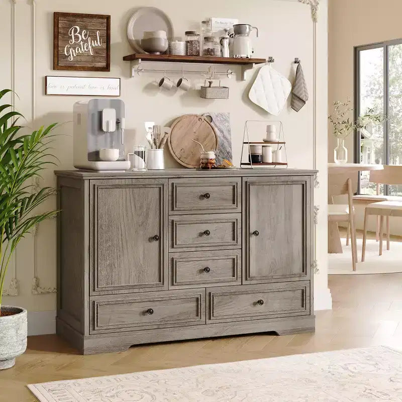 Sideboard Buffet Cabinet with 5 Drawers, 2 Doors, 47 Kitchen Storage Cabinet, Coffee Bar Cabinet with Adjustable Shelves for Dining Room Living Room