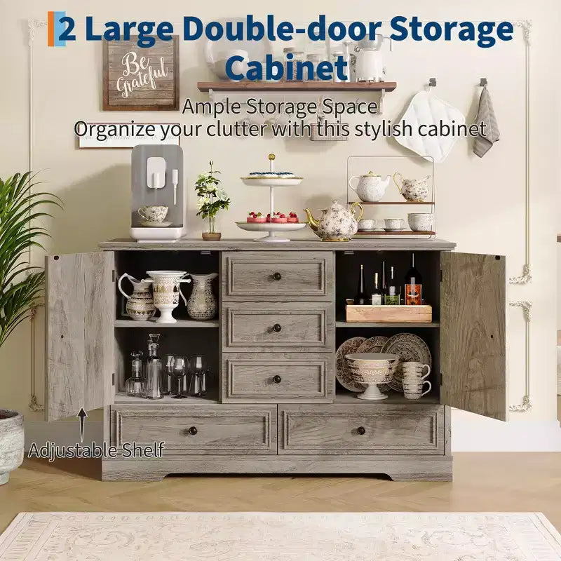 Sideboard Buffet Cabinet with 5 Drawers, 2 Doors, 47 Kitchen Storage Cabinet, Coffee Bar Cabinet with Adjustable Shelves for Dining Room Living Room