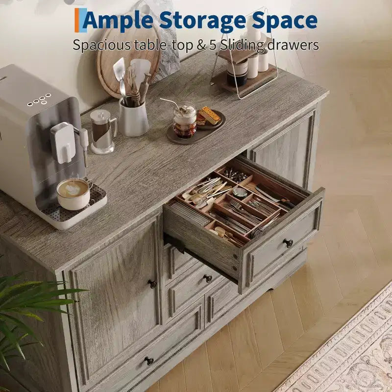 Sideboard Buffet Cabinet with 5 Drawers, 2 Doors, 47 Kitchen Storage Cabinet, Coffee Bar Cabinet with Adjustable Shelves for Dining Room Living Room