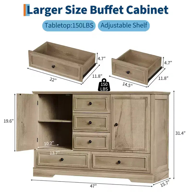 Sideboard Buffet Cabinet with 5 Drawers, 2 Doors, 47 Kitchen Storage Cabinet, Coffee Bar Cabinet with Adjustable Shelves for Dining Room Living Room