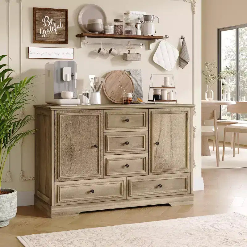 Sideboard Buffet Cabinet with 5 Drawers, 2 Doors, 47 Kitchen Storage Cabinet, Coffee Bar Cabinet with Adjustable Shelves for Dining Room Living Room