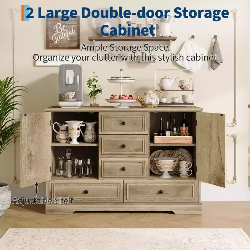 Sideboard Buffet Cabinet with 5 Drawers, 2 Doors, 47 Kitchen Storage Cabinet, Coffee Bar Cabinet with Adjustable Shelves for Dining Room Living Room