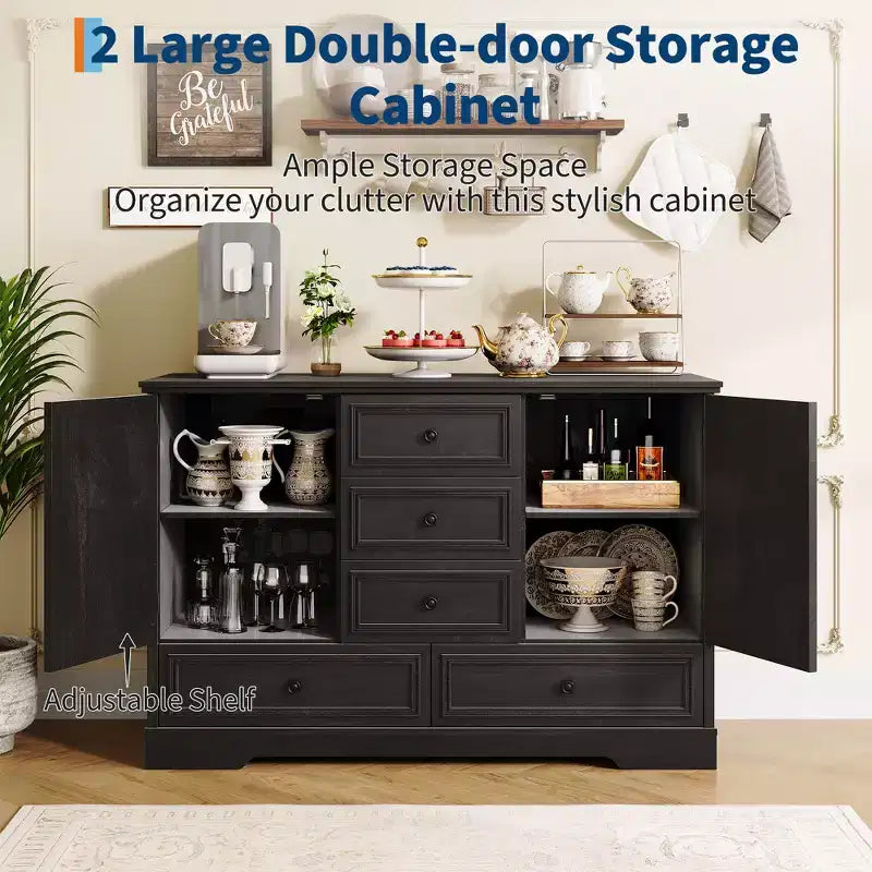 Sideboard Buffet Cabinet with 5 Drawers, 2 Doors, 47 Kitchen Storage Cabinet, Coffee Bar Cabinet with Adjustable Shelves for Dining Room Living Room