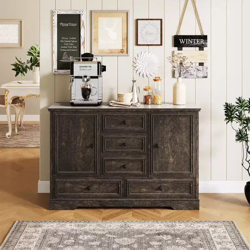Buffet de salle à manger avec 5 tiroirs, 2 portes, 47" de rangement de cuisine, meuble bar à café avec étagères réglables pour salle à manger et salon