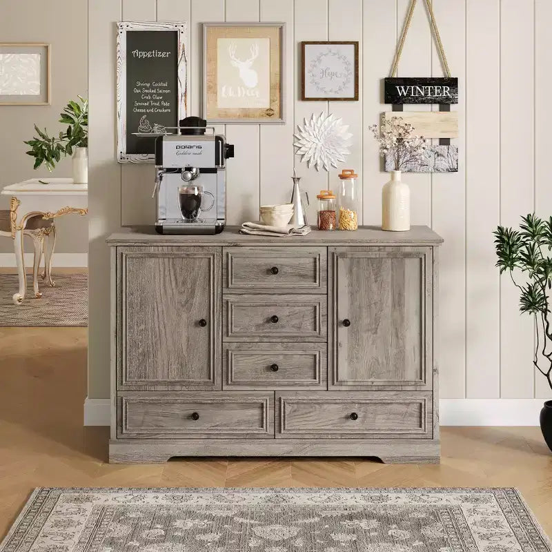 Buffet de salle à manger avec 5 tiroirs, 2 portes, 47" de rangement de cuisine, meuble bar à café avec étagères réglables pour salle à manger et salon
