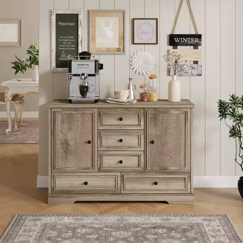 Buffet de salle à manger avec 5 tiroirs, 2 portes, 47" de rangement de cuisine, meuble bar à café avec étagères réglables pour salle à manger et salon