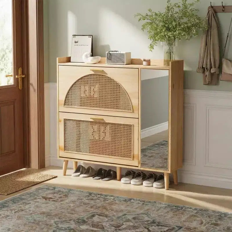 COZONY Natural Rattan Shoe Storage Cabinet with Mirror, 2 Flip Drawers & Adjustable Shelves for Entryway