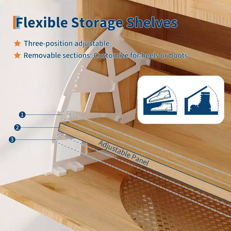 COZONY Natural Rattan Shoe Storage Cabinet with Mirror, 2 Flip Drawers & Adjustable Shelves for Entryway