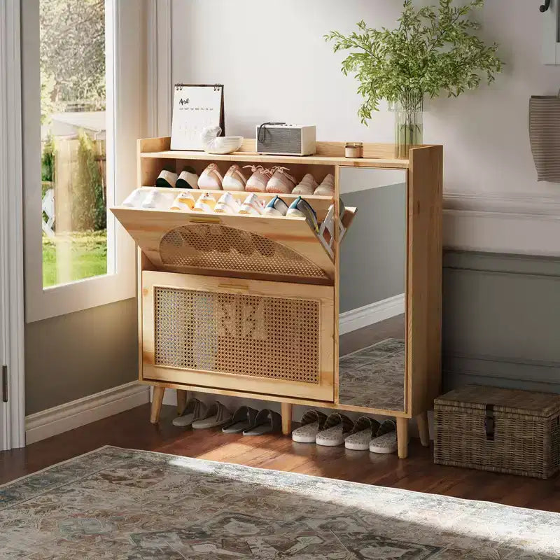 COZONY Natural Rattan Shoe Storage Cabinet with Mirror, 2 Flip Drawers & Adjustable Shelves for Entryway