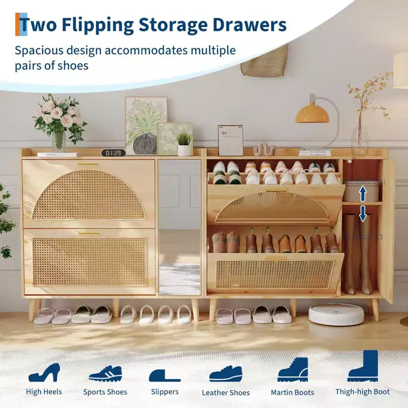 COZONY Natural Rattan Shoe Storage Cabinet with Mirror, 2 Flip Drawers & Adjustable Shelves for Entryway