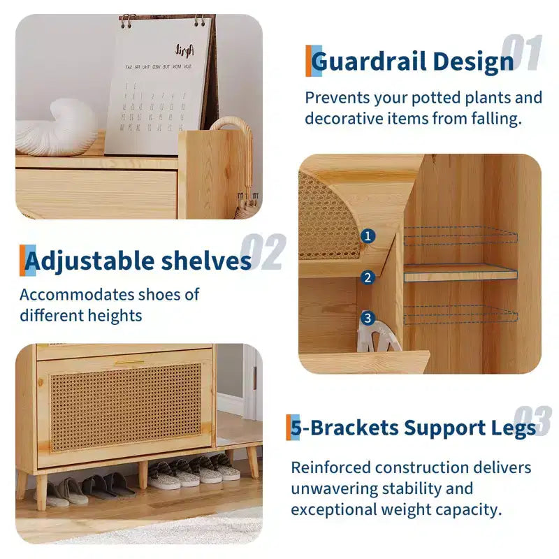 COZONY Natural Rattan Shoe Storage Cabinet with Mirror, 2 Flip Drawers & Adjustable Shelves for Entryway