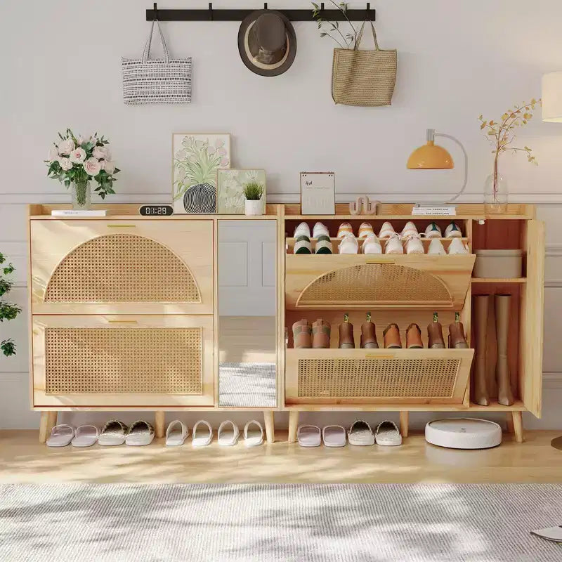COZONY Natural Rattan Shoe Storage Cabinet with Mirror, 2 Flip Drawers & Adjustable Shelves for Entryway