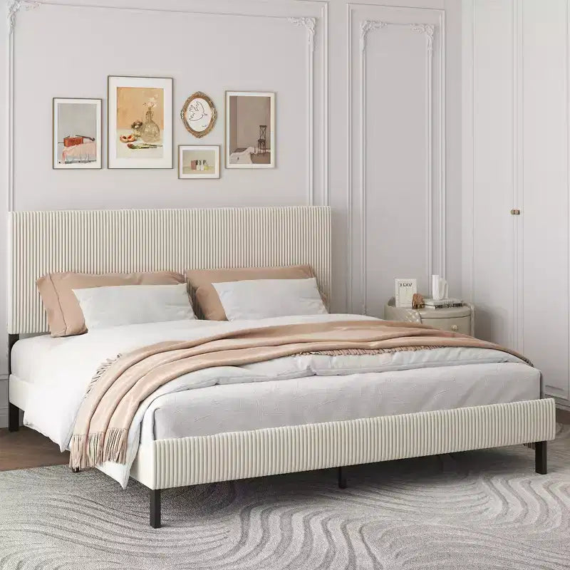 King Size Metal Platform Bed with Headboard, Bandaged Platform Bed Frame ,Antique Beige